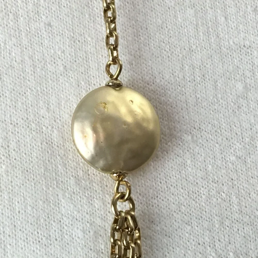 Anne Klein Vintage AK Faux Button Pearl Gold Tone Chain 36in Rope Necklace